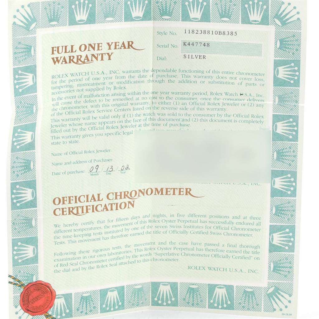 The image shows a warranty and certification document for a Rolex President 118238 Men's Yellow Gold Silver Dial 118238 Men's Yellow Gold Silver Dial model watch.