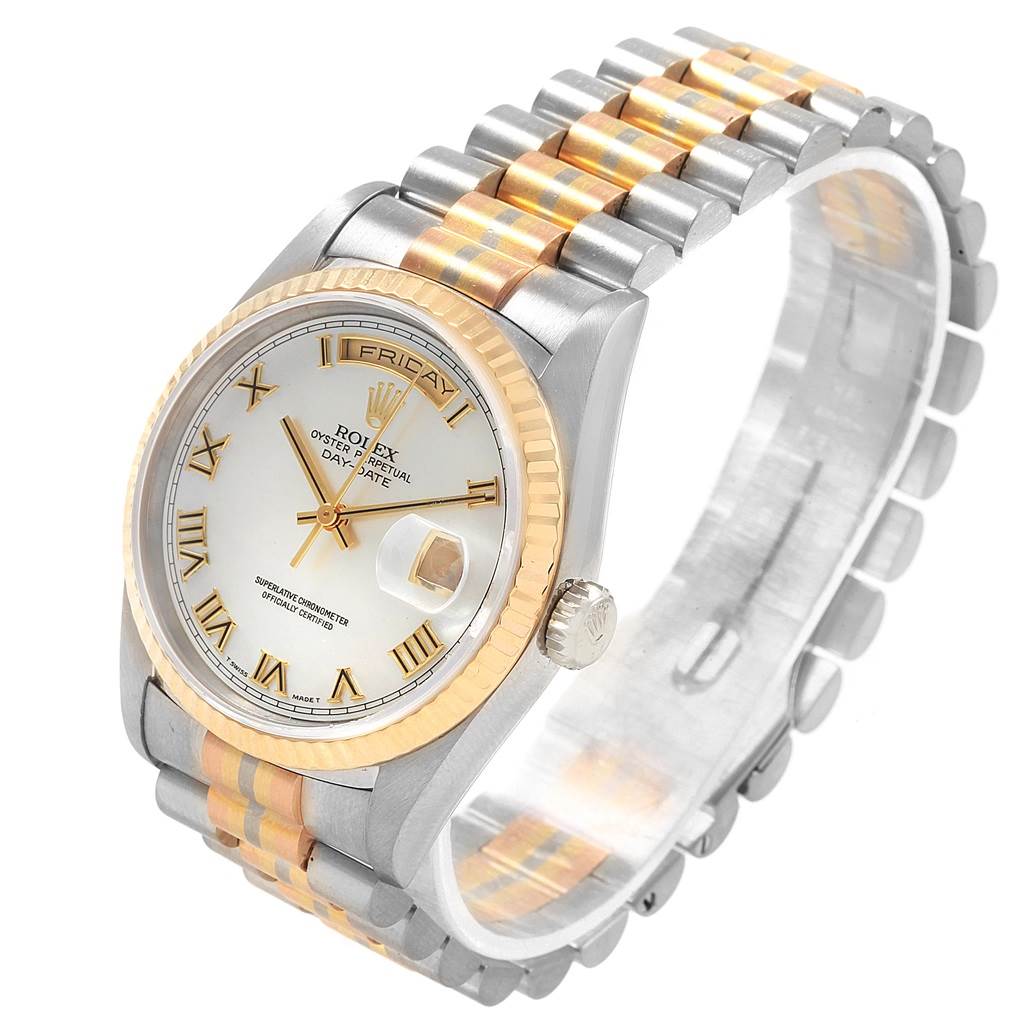 This image shows a Rolex President 18239 Men
s White Gold Mother of Pearl Dial 18239 Men
s White Gold Mother of Pearl Dial model watch at an angle highlighting the face, bezel, crown, and two-tone bracelet.