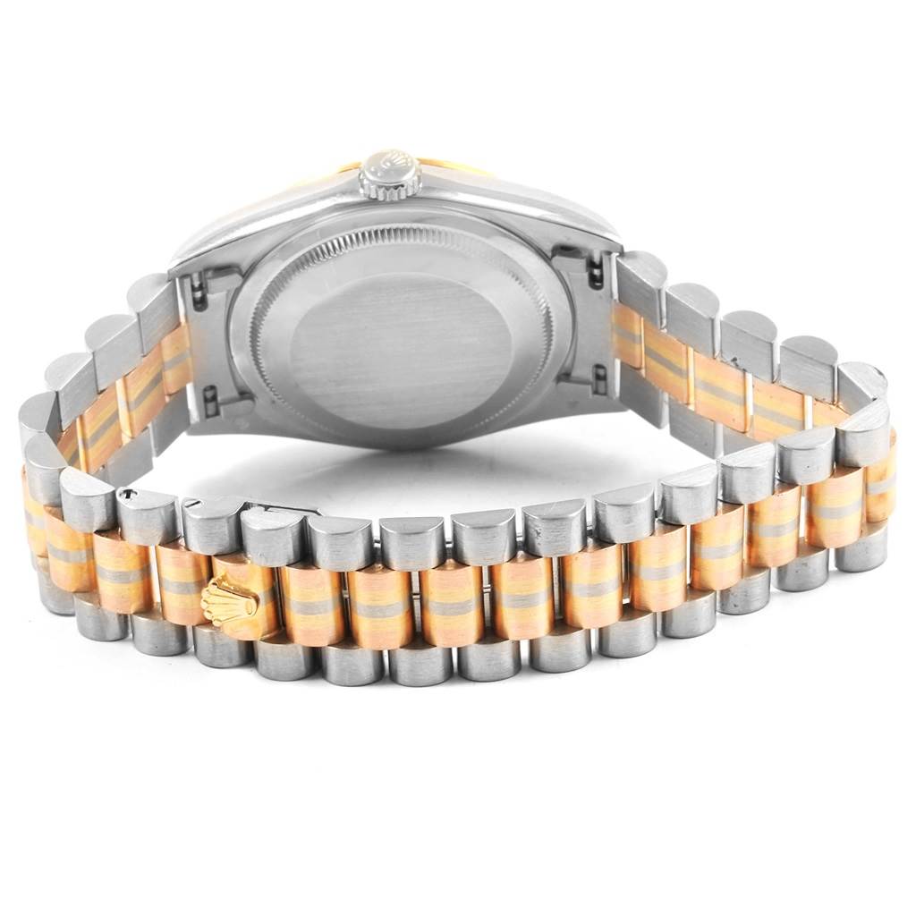 The image shows the back casing and the two-tone bracelet of a Rolex President 18239 Men
s White Gold Mother of Pearl Dial 18239 Men
s White Gold Mother of Pearl Dial model watch.