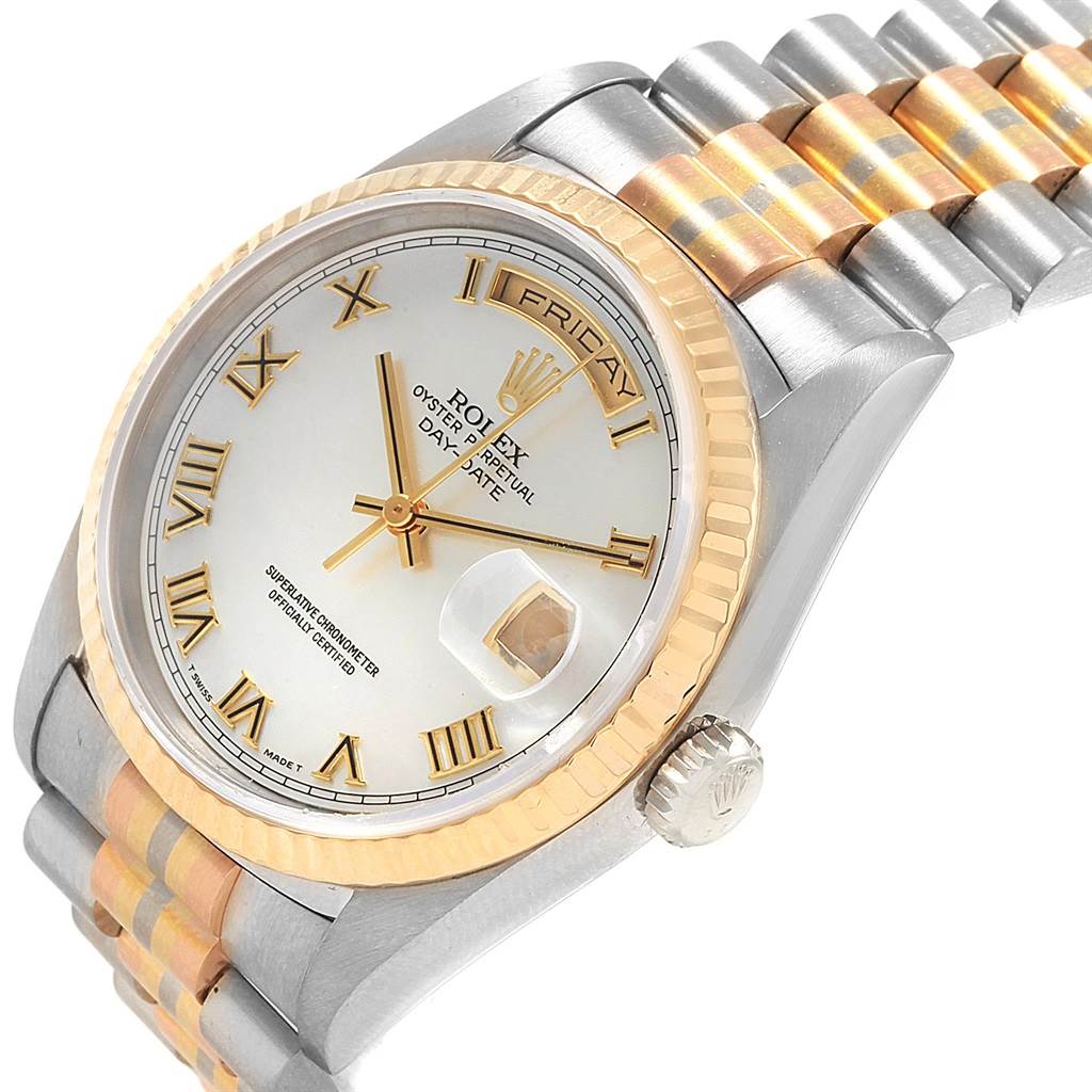 The image shows a Rolex President 18239 Men
s White Gold Mother of Pearl Dial 18239 Men
s White Gold Mother of Pearl Dial model watch at a slight angle, revealing the dial, crown, two-tone bezel, and part of the bracelet.