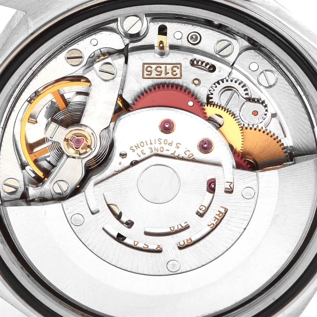 The image shows the internal mechanical movement of a Rolex President 18239 Men
s White Gold Mother of Pearl Dial 18239 Men
s White Gold Mother of Pearl Dial model watch from a top-down angle.