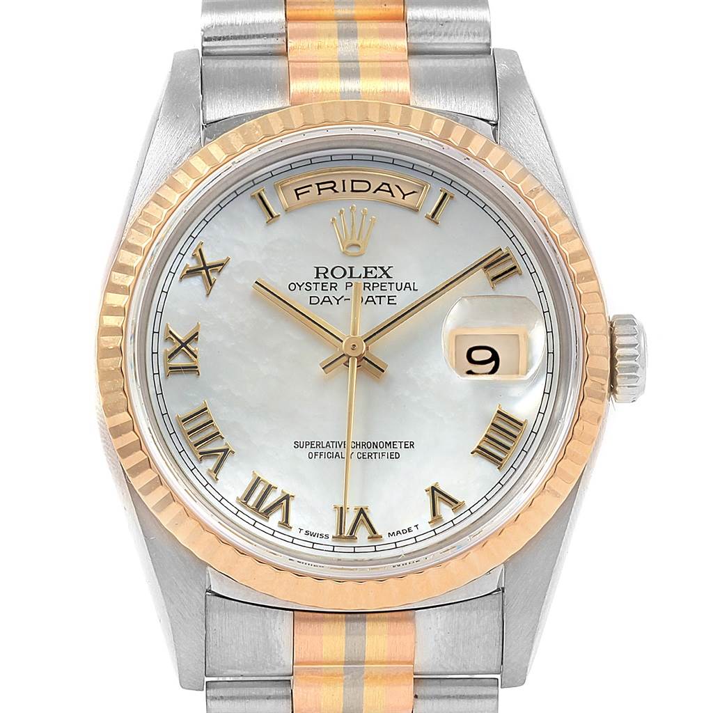 This image shows a Rolex President 18239 Men
s White Gold Mother of Pearl Dial 18239 Men
s White Gold Mother of Pearl Dial model watch from the front, highlighting the dial, hands, bezel, and part of the bracelet.