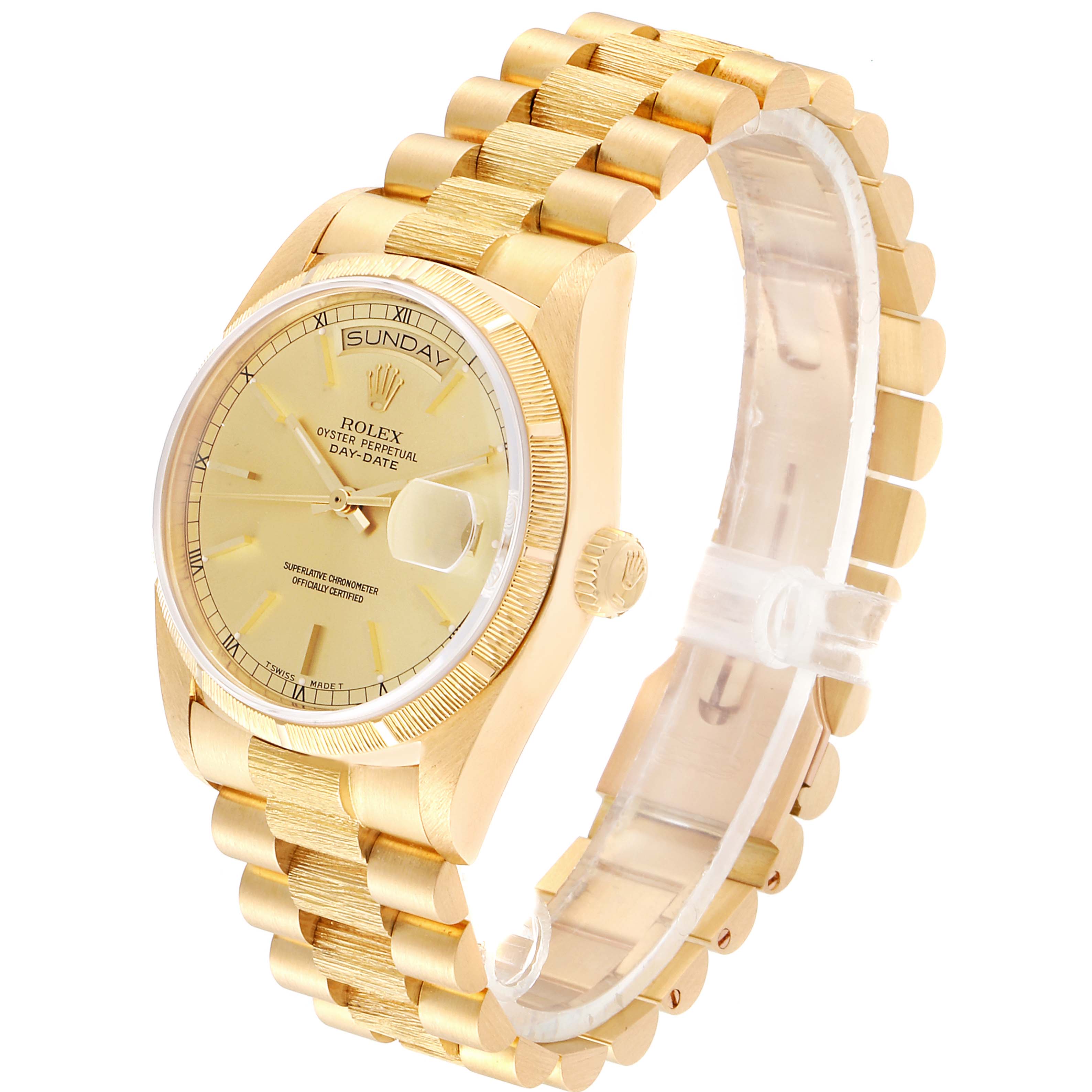 This image shows a Rolex President 18078 Men's Yellow Gold Champagne Dial 18078 Men's Yellow Gold Champagne Dial model, displaying the gold case, bracelet, dial, day, and date functions from an angled perspective.