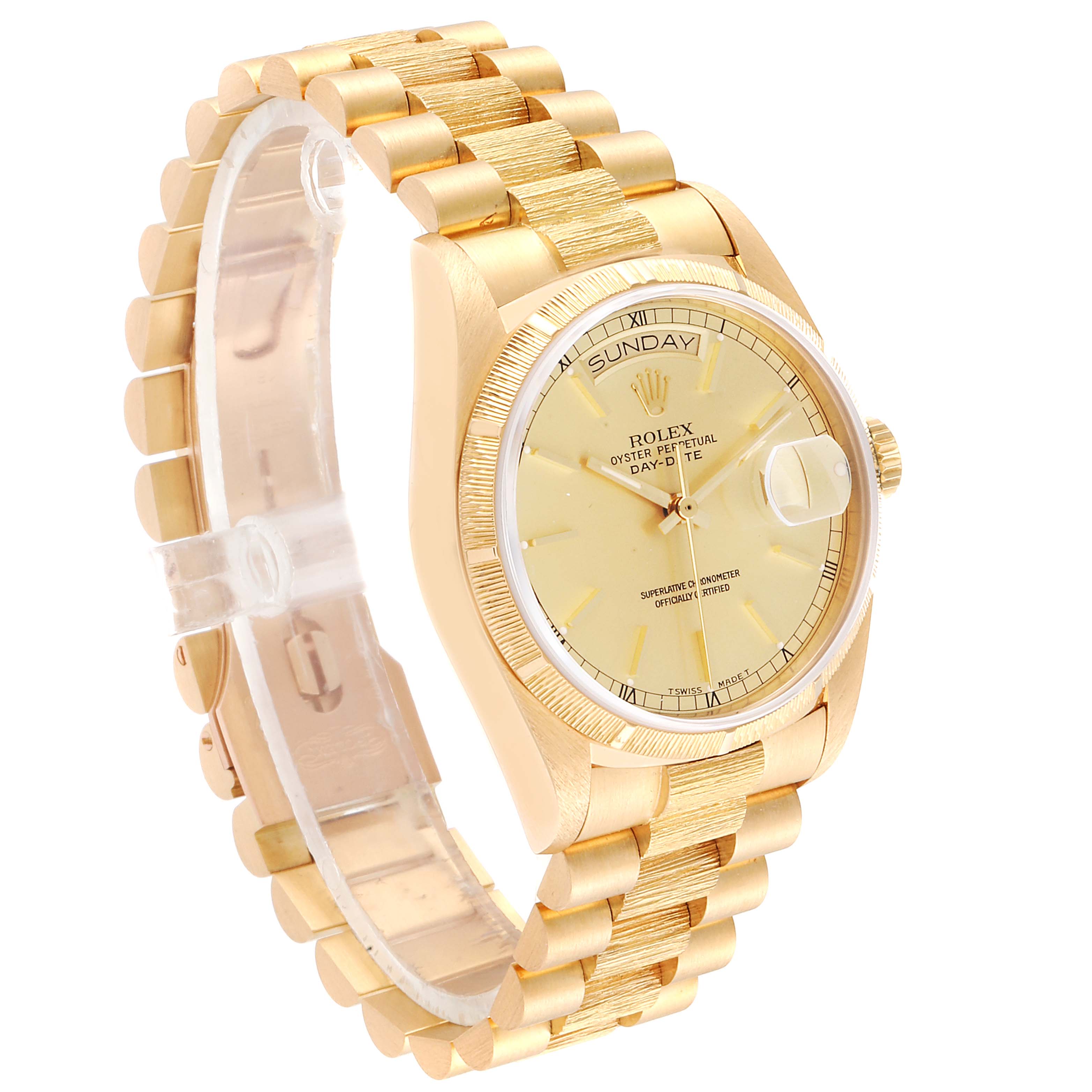 The image shows a side-angle view of a Rolex President 18078 Men's Yellow Gold Champagne Dial 18078 Men's Yellow Gold Champagne Dial model watch, highlighting its gold bracelet and dial.