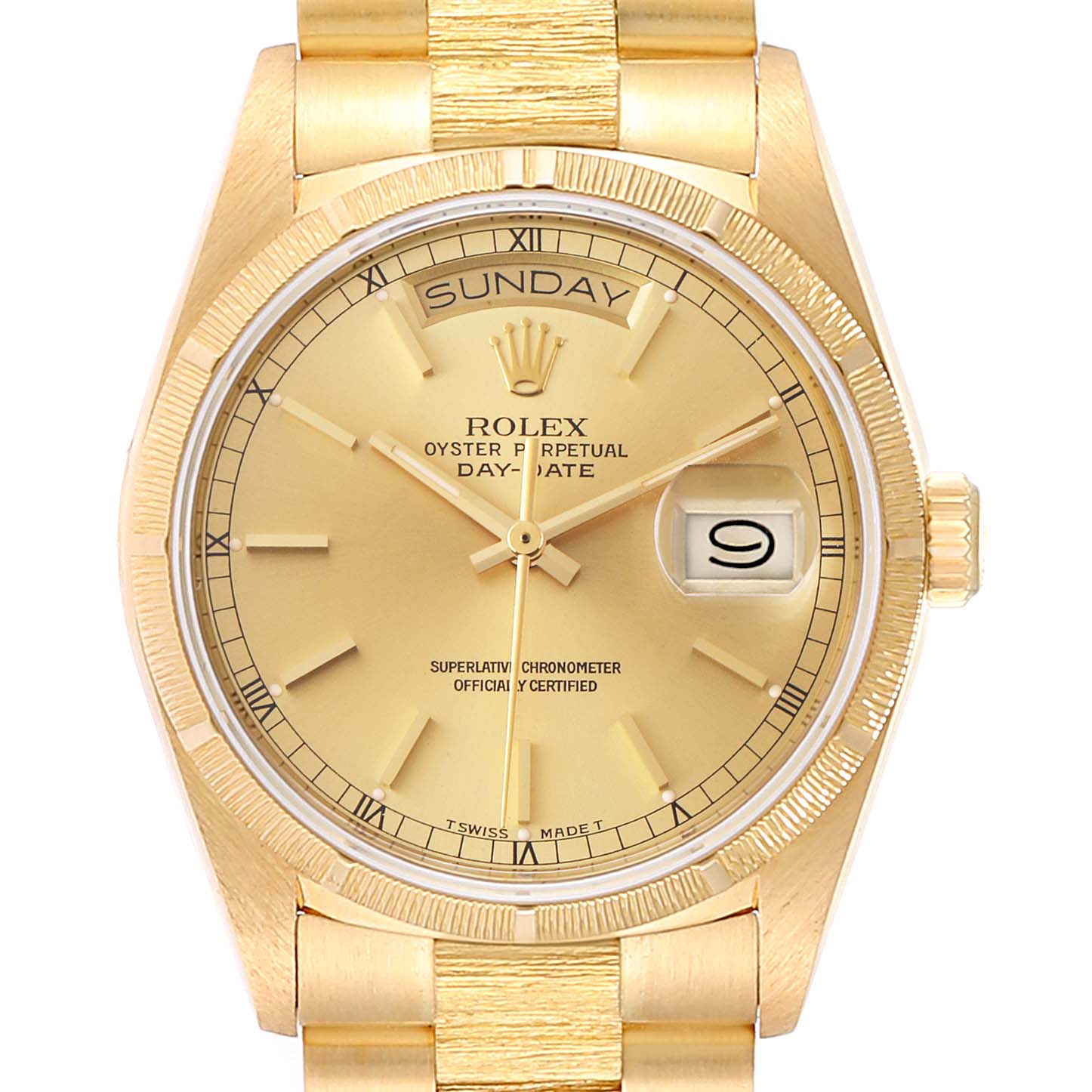 The image shows a close-up of the dial and bezel of the gold Rolex President 18078 Men's Yellow Gold Champagne Dial 18078 Men's Yellow Gold Champagne Dial Oyster Perpetual Day-Date watch.