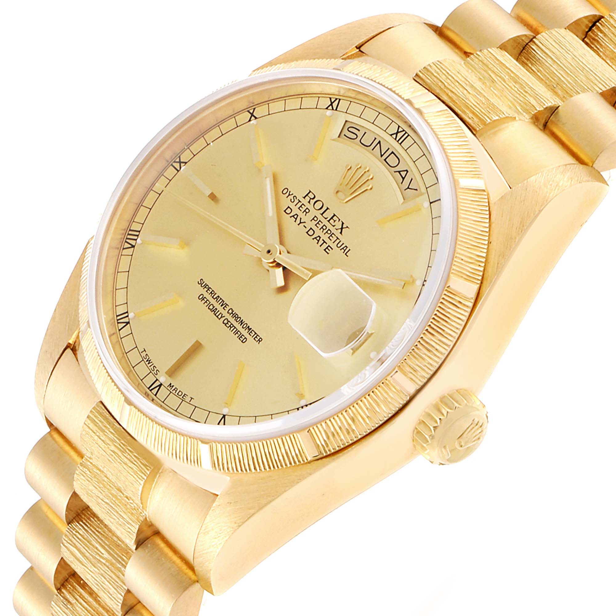 The image shows a Rolex President 18078 Men's Yellow Gold Champagne Dial 18078 Men's Yellow Gold Champagne Dial model watch at an angle highlighting the face, bezel, crown, and part of the bracelet.