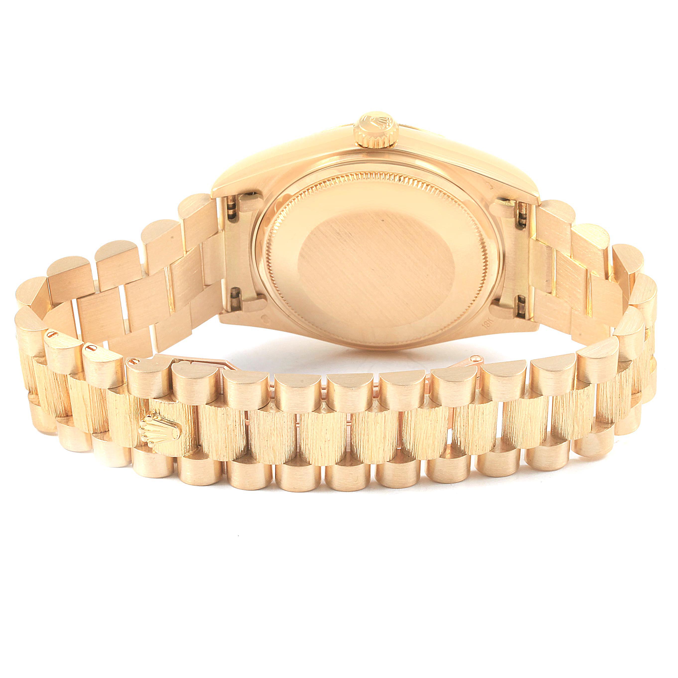 The image shows the backside and bracelet of a Rolex President 18078 Men's Yellow Gold Champagne Dial 18078 Men's Yellow Gold Champagne Dial model watch, highlighting the case back and gold link bracelet.