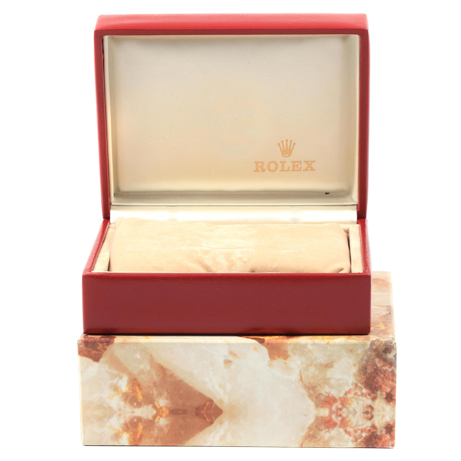 This image shows an open box for a Rolex President 18078 Men's Yellow Gold Champagne Dial 18078 Men's Yellow Gold Champagne Dial model watch, highlighting the interior and exterior packaging.