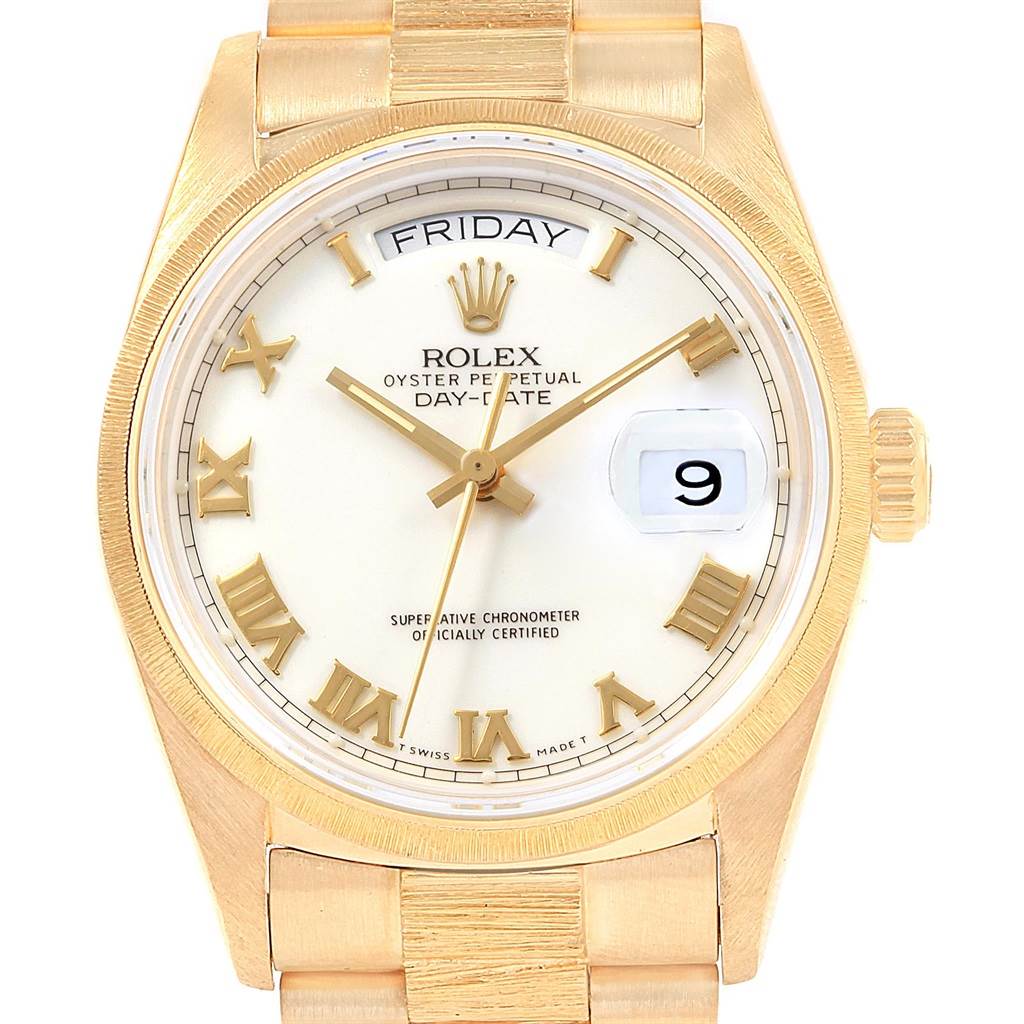 The image shows a front view of the Rolex President 18078 Men's Yellow Gold White Dial 18078 Men's Yellow Gold White Dial Oyster Perpetual Day-Date watch, highlighting the dial, hands, and bezel.