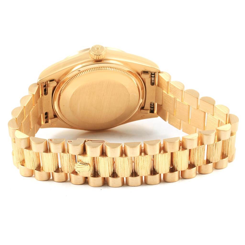 The image shows the back case and bracelet of a Rolex President 18078 Men's Yellow Gold White Dial 18078 Men's Yellow Gold White Dial model watch from a rear angle.