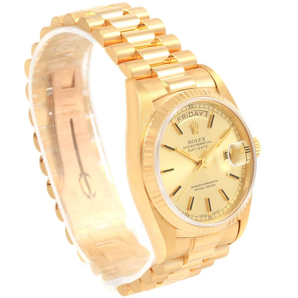 The image shows a Rolex President 18038 Men
s Yellow Gold Champagne Dial 18038 Men
s Yellow Gold Champagne Dial model watch from a 3/4 angle, highlighting the face and gold bracelet.