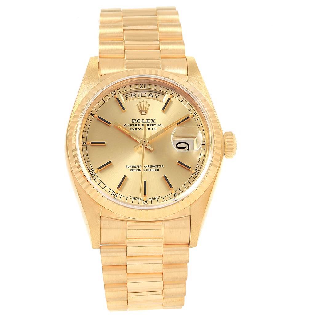 The image shows a frontal view of a Rolex President 18038 Men
s Yellow Gold Champagne Dial 18038 Men
s Yellow Gold Champagne Dial model watch, displaying the dial, bezel, bracelet, and crown.