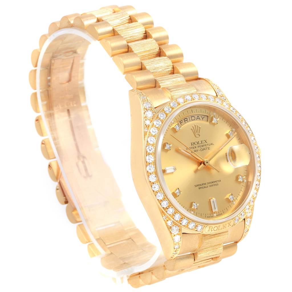 The image shows a gold Rolex President 18138 Men
s Yellow Gold Champagne Dial 18138 Men
s Yellow Gold Champagne Dial model watch at a three-quarter angle, highlighting the face, bezel, and part of the bracelet.