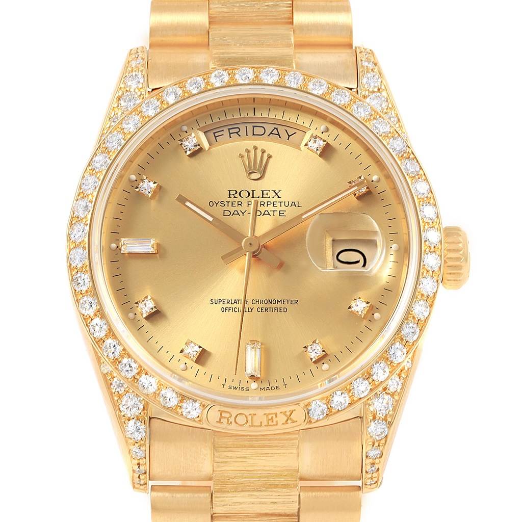 This image shows a President model Rolex watch from a front angle, highlighting the dial, bezel, crown, and bracelet.