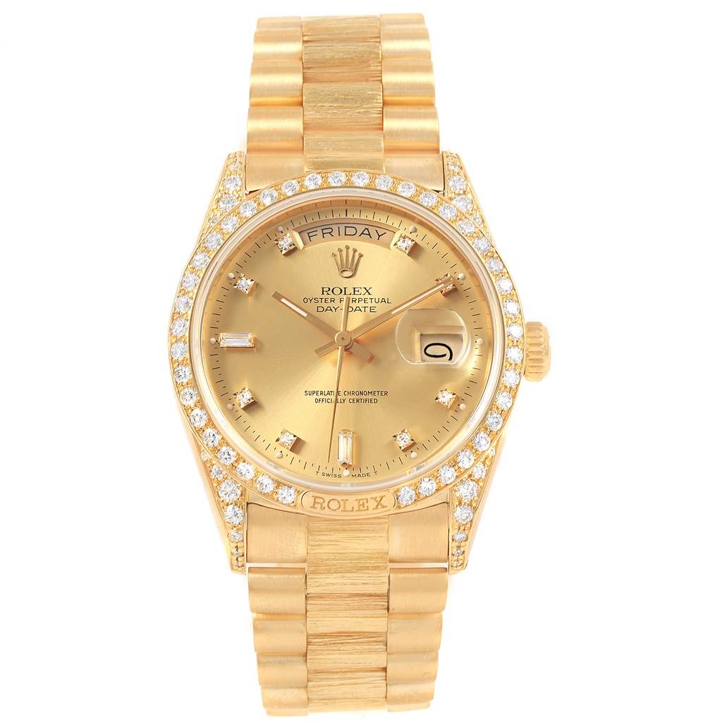 This image shows a frontal view of a Rolex President 18138 Men
s Yellow Gold Champagne Dial 18138 Men
s Yellow Gold Champagne Dial model watch, displaying the dial, bezel, and bracelet.