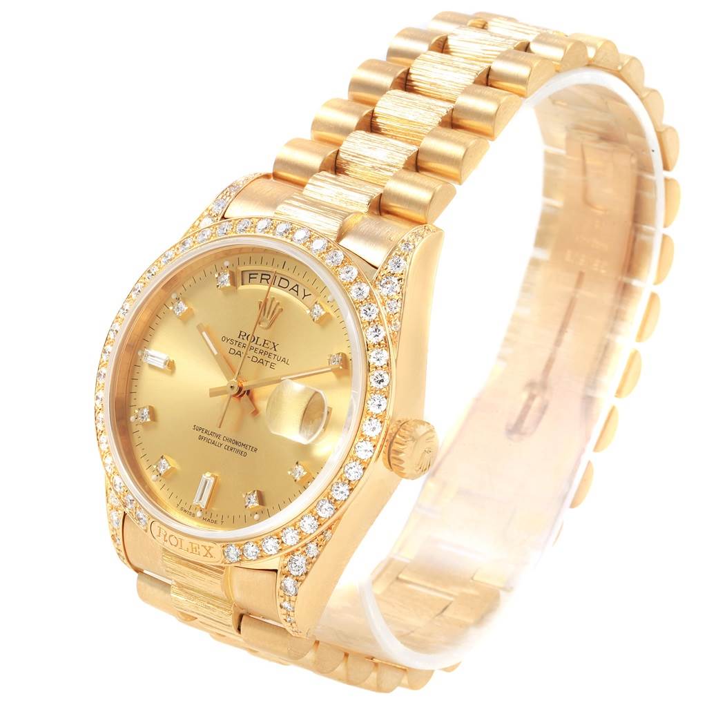 The Rolex President 18138 Men
s Yellow Gold Champagne Dial 18138 Men
s Yellow Gold Champagne Dial model watch is shown at an angle displaying its face, dial, bezel, and band.