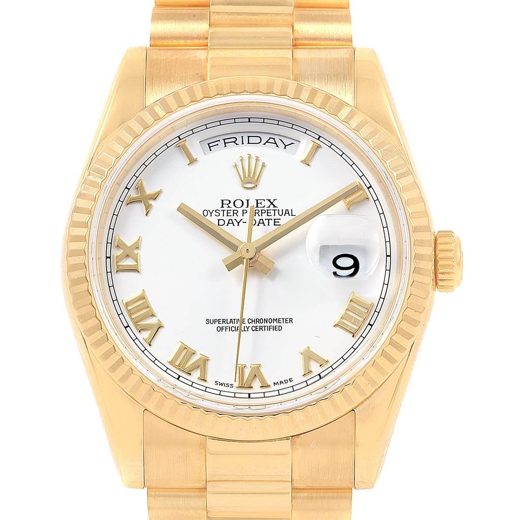The image shows a frontal view of a Rolex President 118238 Men's Yellow Gold White Dial 118238 Men's Yellow Gold White Dial model watch, focusing on the dial, bezel, and part of the bracelet.