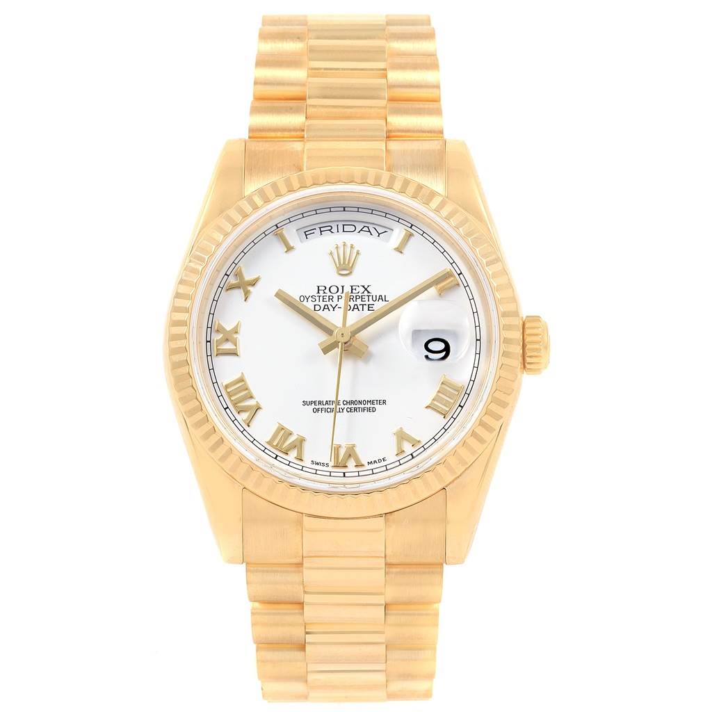 The image shows a frontal view of the Rolex President 118238 Men's Yellow Gold White Dial 118238 Men's Yellow Gold White Dial model watch, highlighting the dial, bezel, case, and bracelet.