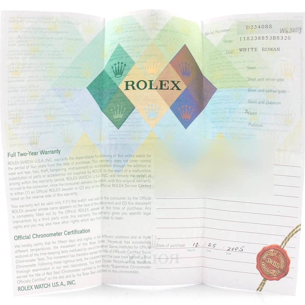 This image shows the warranty paperwork for a Rolex President 118238 Men's Yellow Gold White Dial 118238 Men's Yellow Gold White Dial model watch, including the serial number, style, dial type, and purchase date.