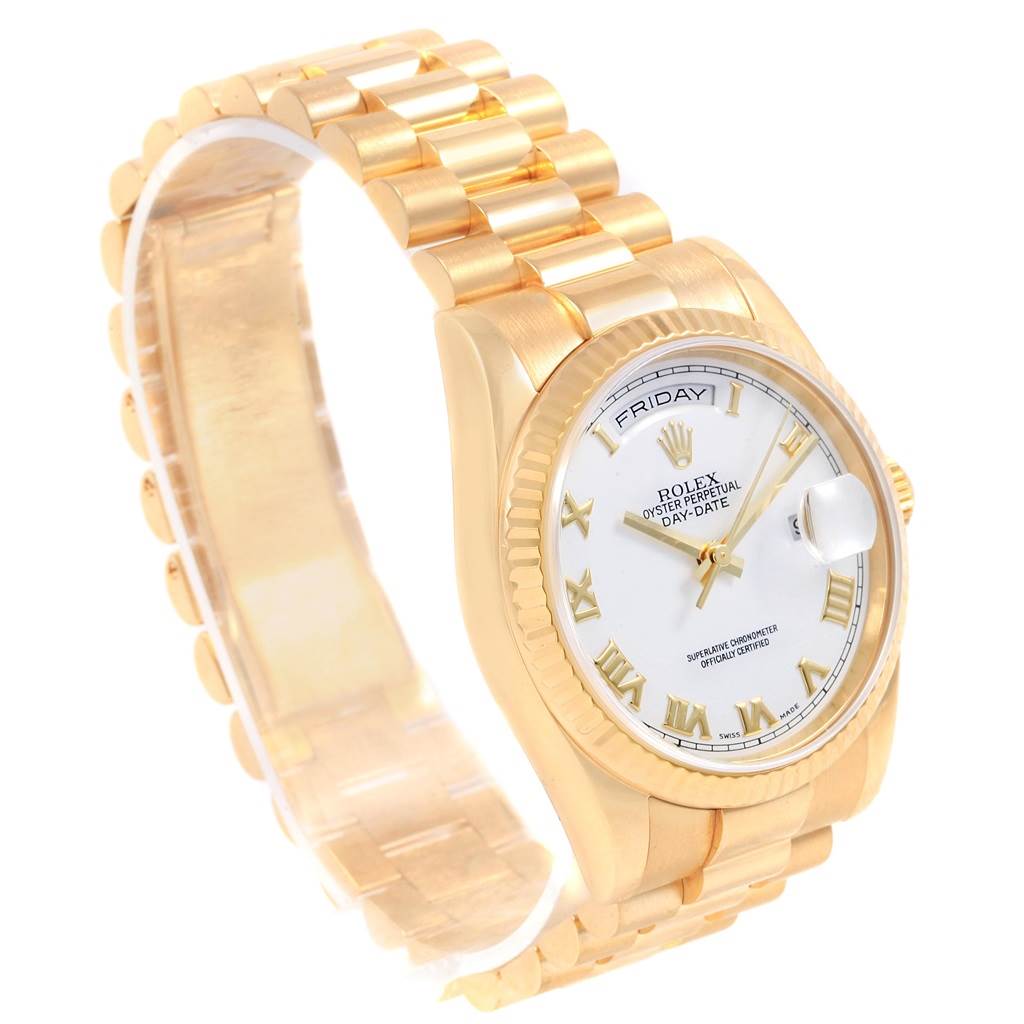 The image shows a Rolex President 118238 Men's Yellow Gold White Dial 118238 Men's Yellow Gold White Dial model watch, highlighting its gold bracelet and face at an angle.