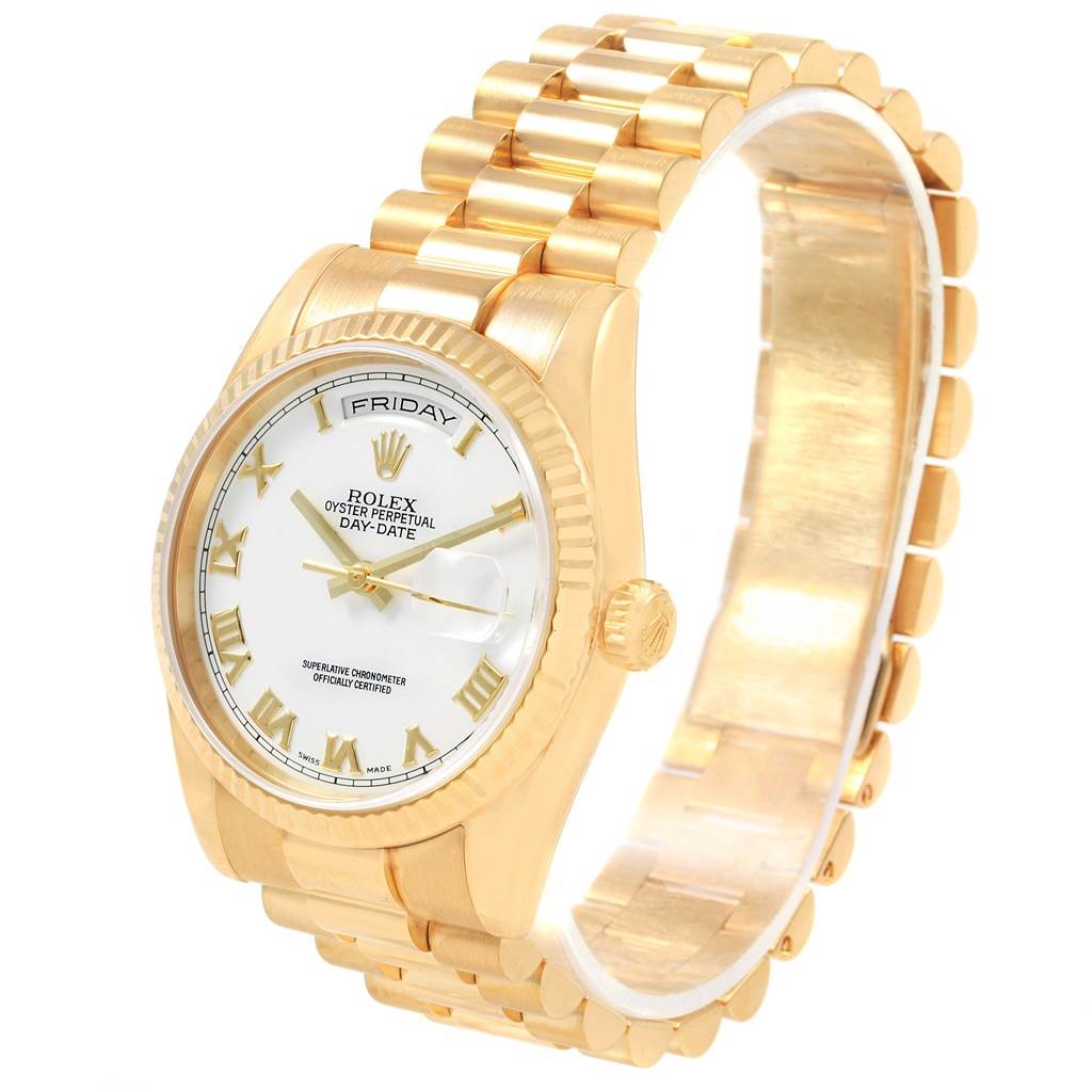 The Rolex President 118238 Men's Yellow Gold White Dial 118238 Men's Yellow Gold White Dial model watch is shown at a slight angle, displaying its gold bracelet, white dial, and day-date window.