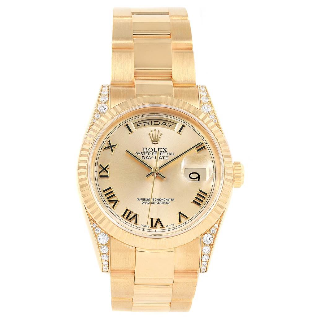 The image shows a full frontal view of a Rolex President 118338 Men
s Yellow Gold Champagne Dial 118338 Men
s Yellow Gold Champagne Dial model watch, highlighting its face, band, and dial details.