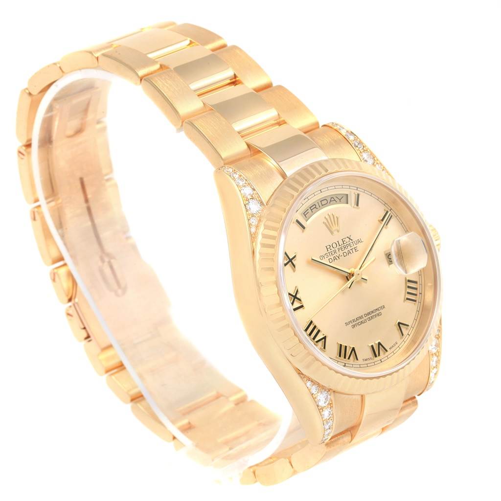 The image shows a Rolex President 118338 Men
s Yellow Gold Champagne Dial 118338 Men
s Yellow Gold Champagne Dial model watch at a three-quarter angle, highlighting the bracelet, dial, and crown.