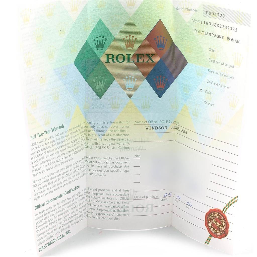 The image shows a certificate and warranty card for a Rolex President 118338 Men
s Yellow Gold Champagne Dial 118338 Men
s Yellow Gold Champagne Dial model watch.