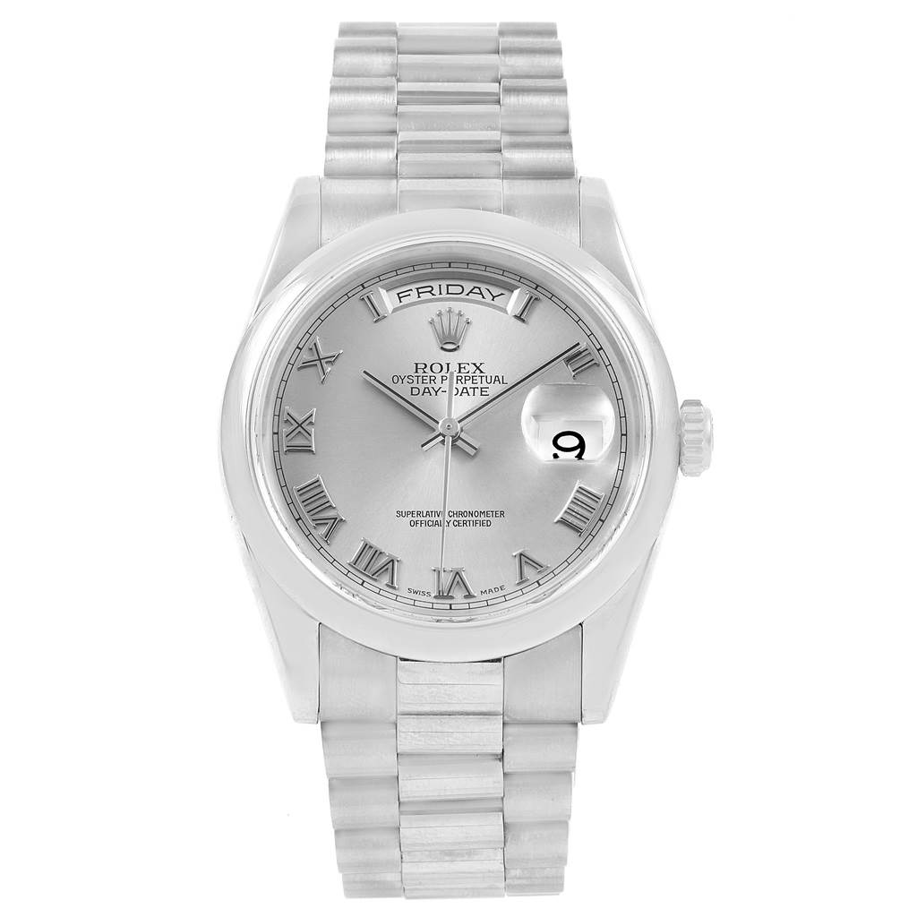 This image shows a front view of the Rolex President 118209 Men's White Gold Silver Dial 118209 Men's White Gold Silver Dial model watch, displaying the face, bezel, crown, and bracelet.