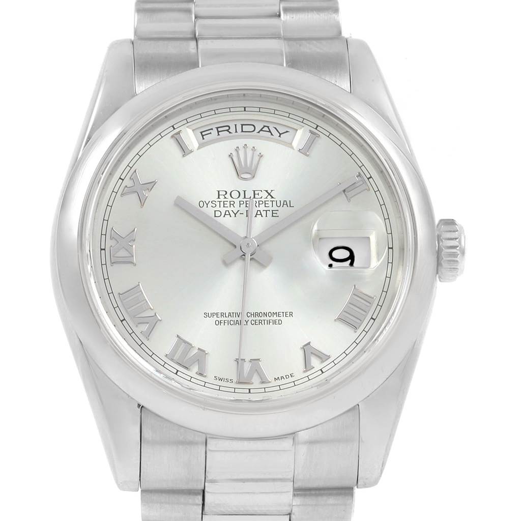 The image shows a front view of the Rolex President 118206 Men's Platinum Blue Dial 118206 Men's Platinum Blue Dial model watch, highlighting the dial, hands, bezel, and bracelet.