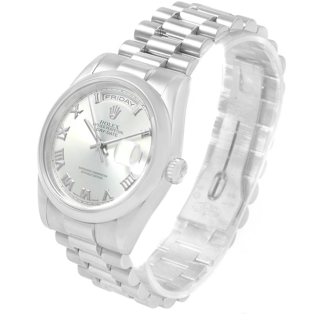 The image shows a Rolex President 118206 Men's Platinum Blue Dial 118206 Men's Platinum Blue Dial model watch from an angled top-down view displaying the face and bracelet.