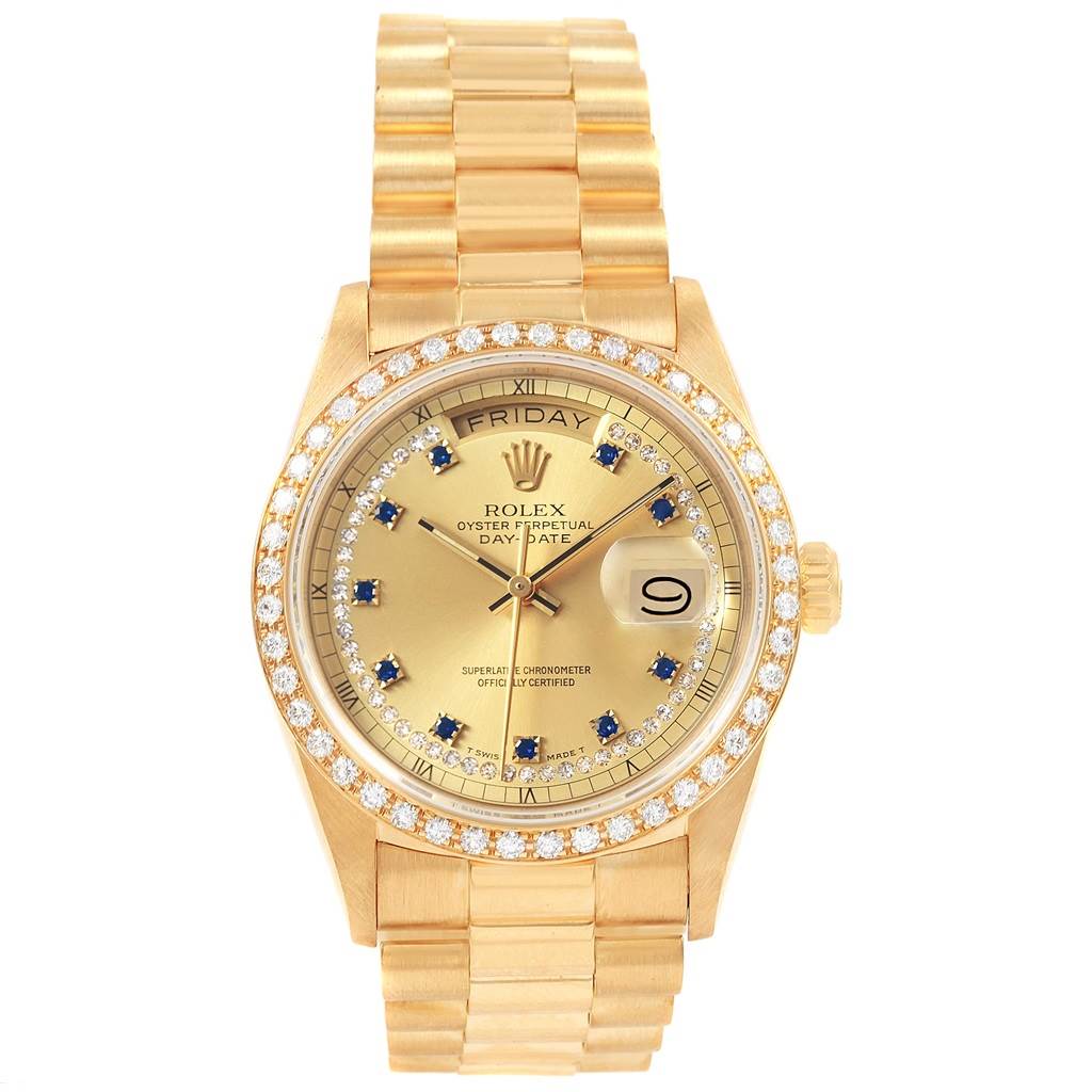 This President model by Rolex is shown from the front, displaying its face, bezel, and bracelet.