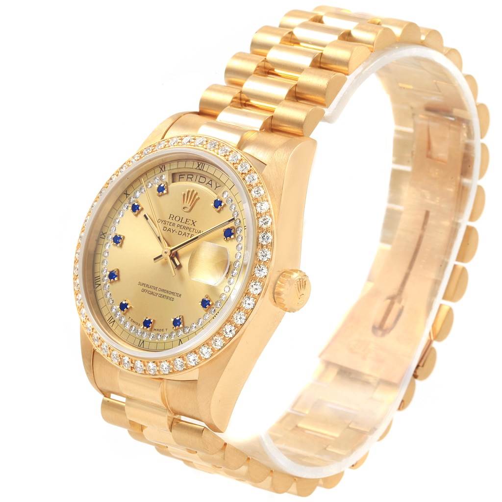 This image shows a Rolex President 18048 Men
s Yellow Gold Champagne Dial 18048 Men
s Yellow Gold Champagne Dial model watch at a three-quarter angle, highlighting the dial, case, bezel, and bracelet.