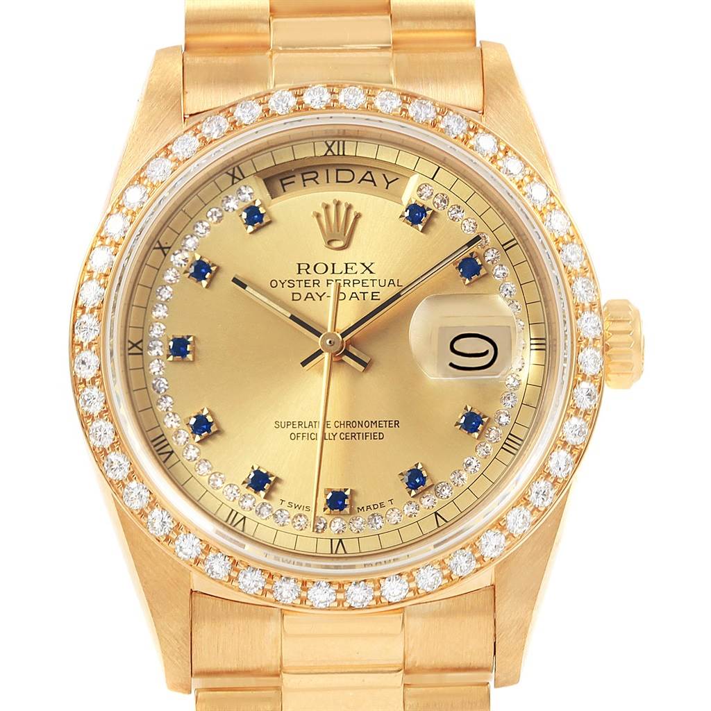 The image shows a front view of a Rolex President 18048 Men
s Yellow Gold Champagne Dial 18048 Men
s Yellow Gold Champagne Dial model watch, highlighting the gold face, diamond bezel, and day-date features.