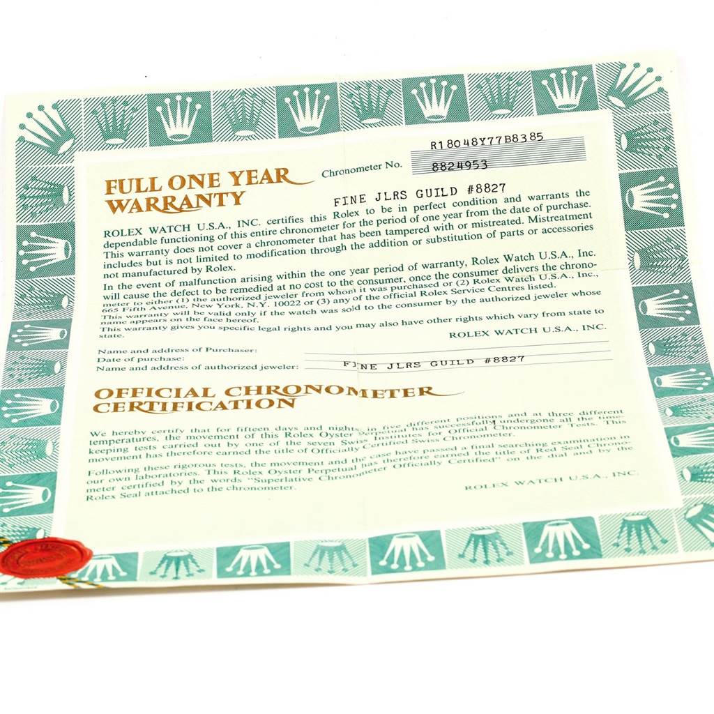 The image shows a warranty certificate with an official chronometer certification for a Rolex President 18048 Men
s Yellow Gold Champagne Dial 18048 Men
s Yellow Gold Champagne Dial model.