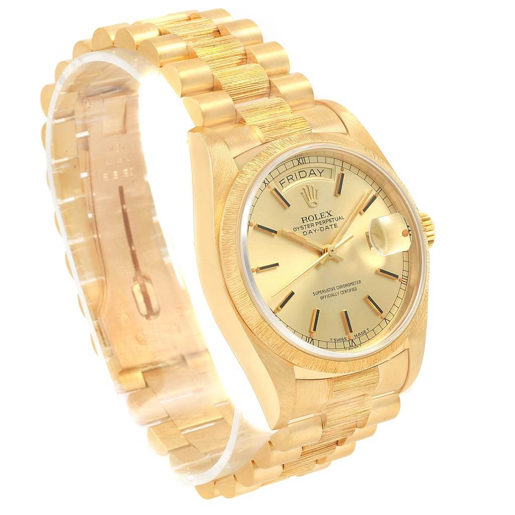 The image shows a Rolex President 18078 Men's Yellow Gold Champagne Dial 18078 Men's Yellow Gold Champagne Dial model watch at a three-quarter angle, highlighting the bracelet, dial, and day-date display.