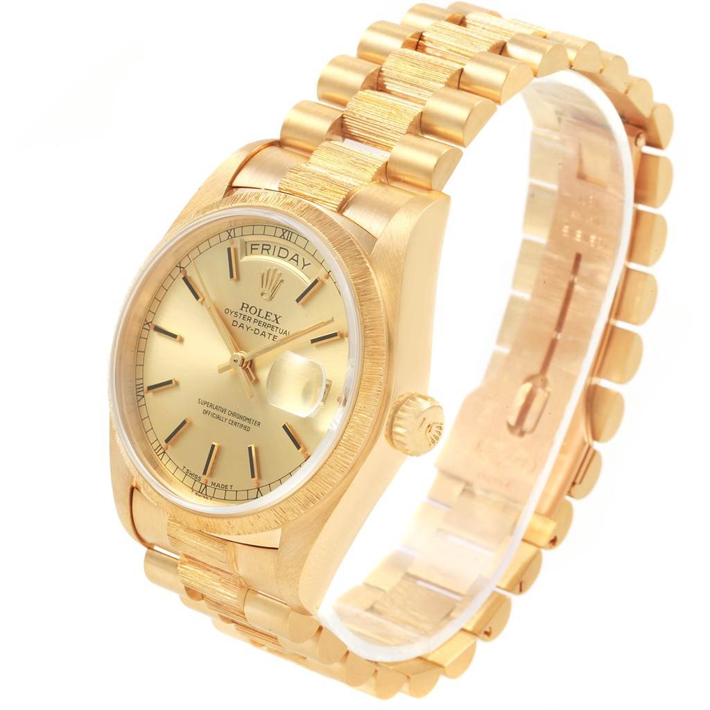 The image shows a Rolex President 18078 Men's Yellow Gold Champagne Dial 18078 Men's Yellow Gold Champagne Dial watch, depicting the face, bezel, crown, and part of the bracelet from a front-side angle.