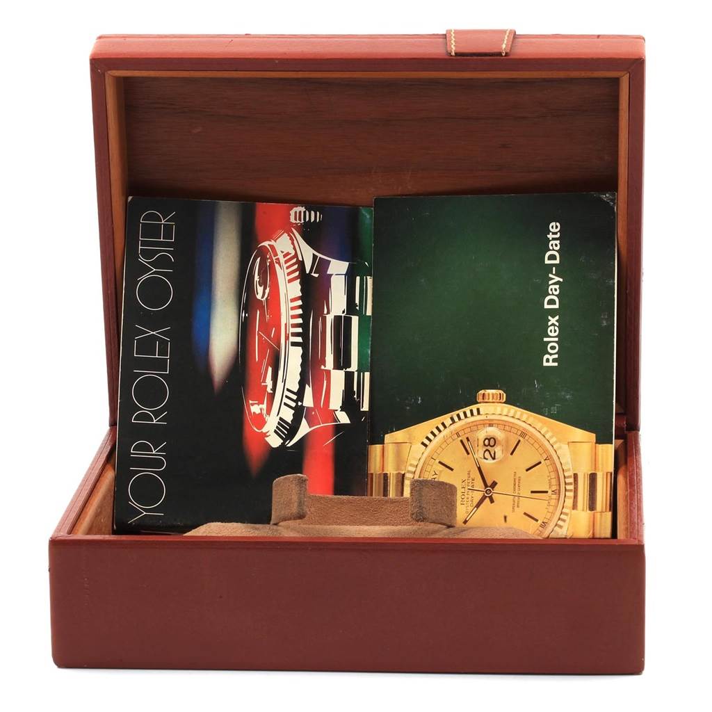 The image shows a Rolex President 18078 Men's Yellow Gold Champagne Dial 18078 Men's Yellow Gold Champagne Dial model watch box containing two booklets, viewed from the front angle.