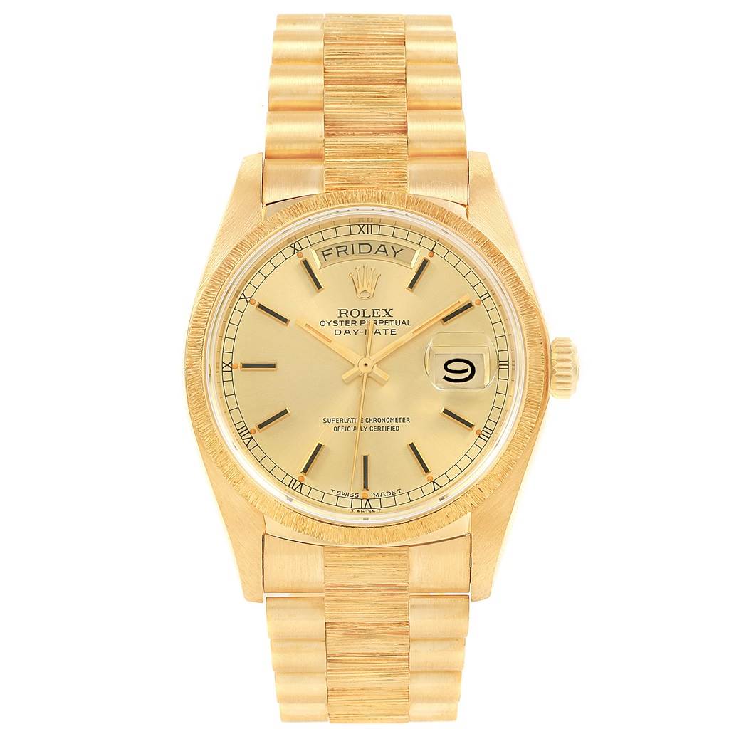 The image shows a front view of a Rolex President 18078 Men's Yellow Gold Champagne Dial 18078 Men's Yellow Gold Champagne Dial model watch, displaying the dial, bracelet, and crown.