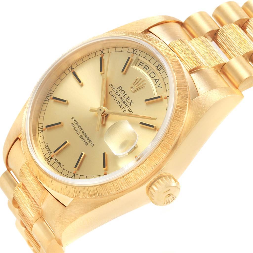 This image shows a close-up of the Rolex President 18078 Men's Yellow Gold Champagne Dial 18078 Men's Yellow Gold Champagne Dial model watch, highlighting its gold case, crown, bracelet, and day-date display.