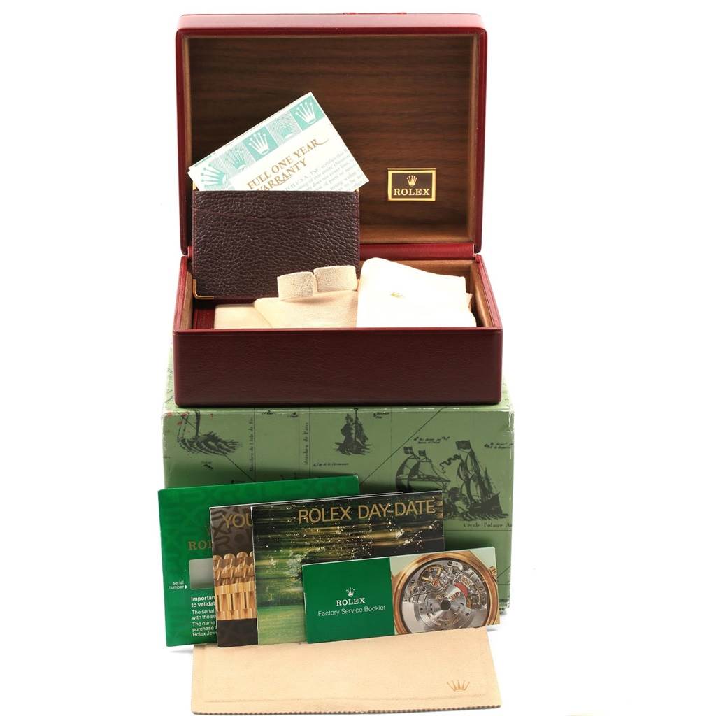 The image shows the packaging, original box, and documentation for a Rolex President 18388 Men
s Yellow Gold Champagne Dial 18388 Men
s Yellow Gold Champagne Dial model watch.