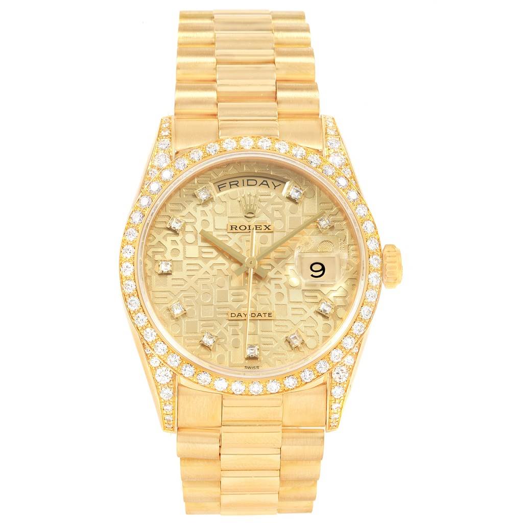 This image shows a front view of the Rolex President 18388 Men
s Yellow Gold Champagne Dial 18388 Men
s Yellow Gold Champagne Dial model watch, highlighting its gold band, diamond-studded bezel, and patterned dial.