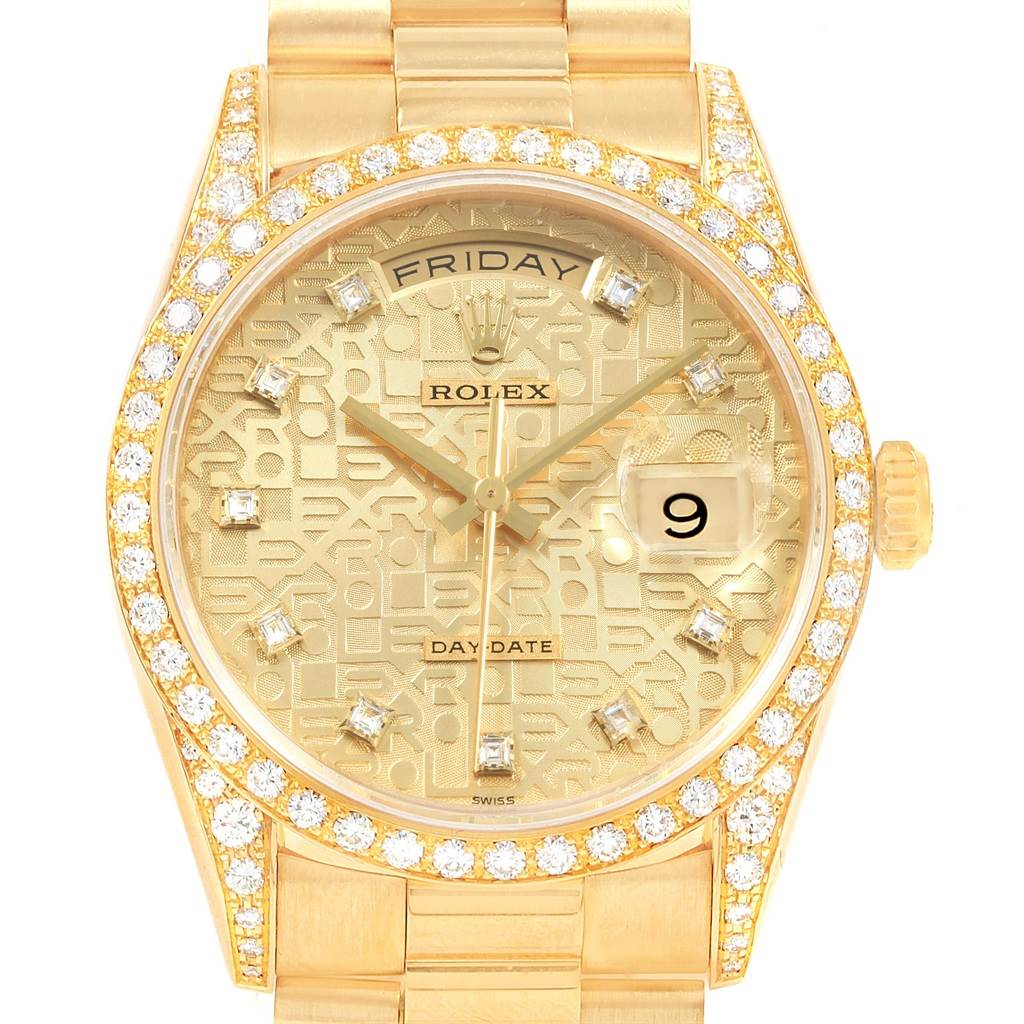 The image shows a front view of the Rolex President 18388 Men
s Yellow Gold Champagne Dial 18388 Men
s Yellow Gold Champagne Dial model watch, highlighting its dial, bezel, and part of the bracelet.