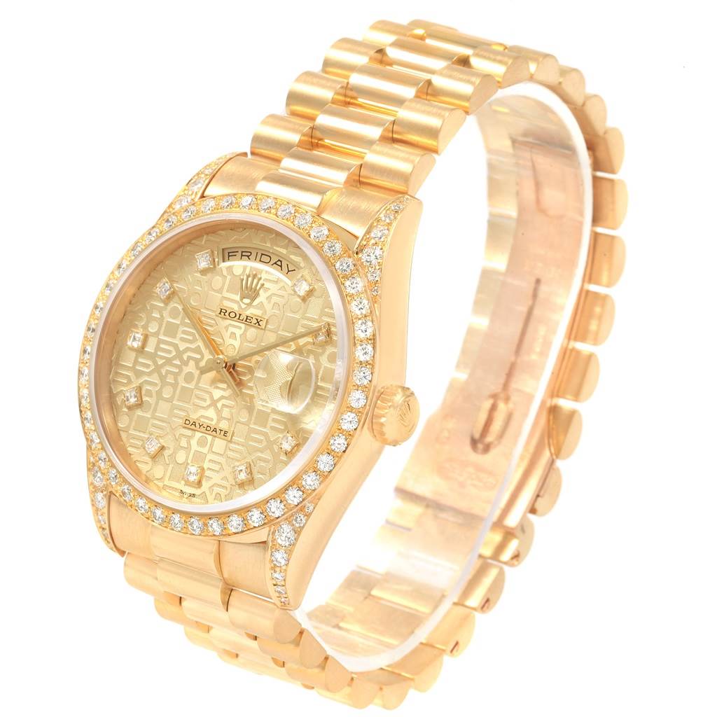 The image shows a Rolex President 18388 Men
s Yellow Gold Champagne Dial 18388 Men
s Yellow Gold Champagne Dial model watch at a three-quarter angle, highlighting the dial, bracelet, bezel, and crown.