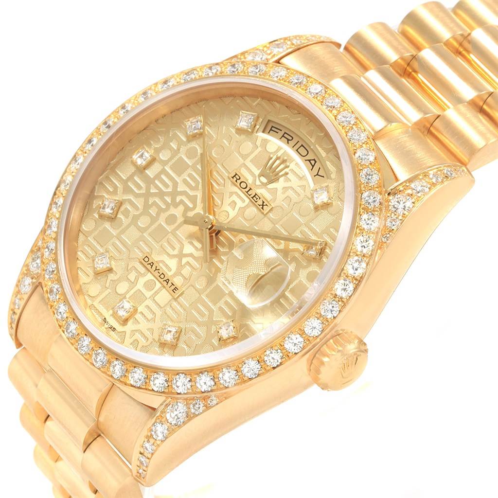 The image shows a Rolex President 18388 Men
s Yellow Gold Champagne Dial 18388 Men
s Yellow Gold Champagne Dial model watch at an oblique angle, highlighting the diamond-encrusted bezel, dial, and bracelet.