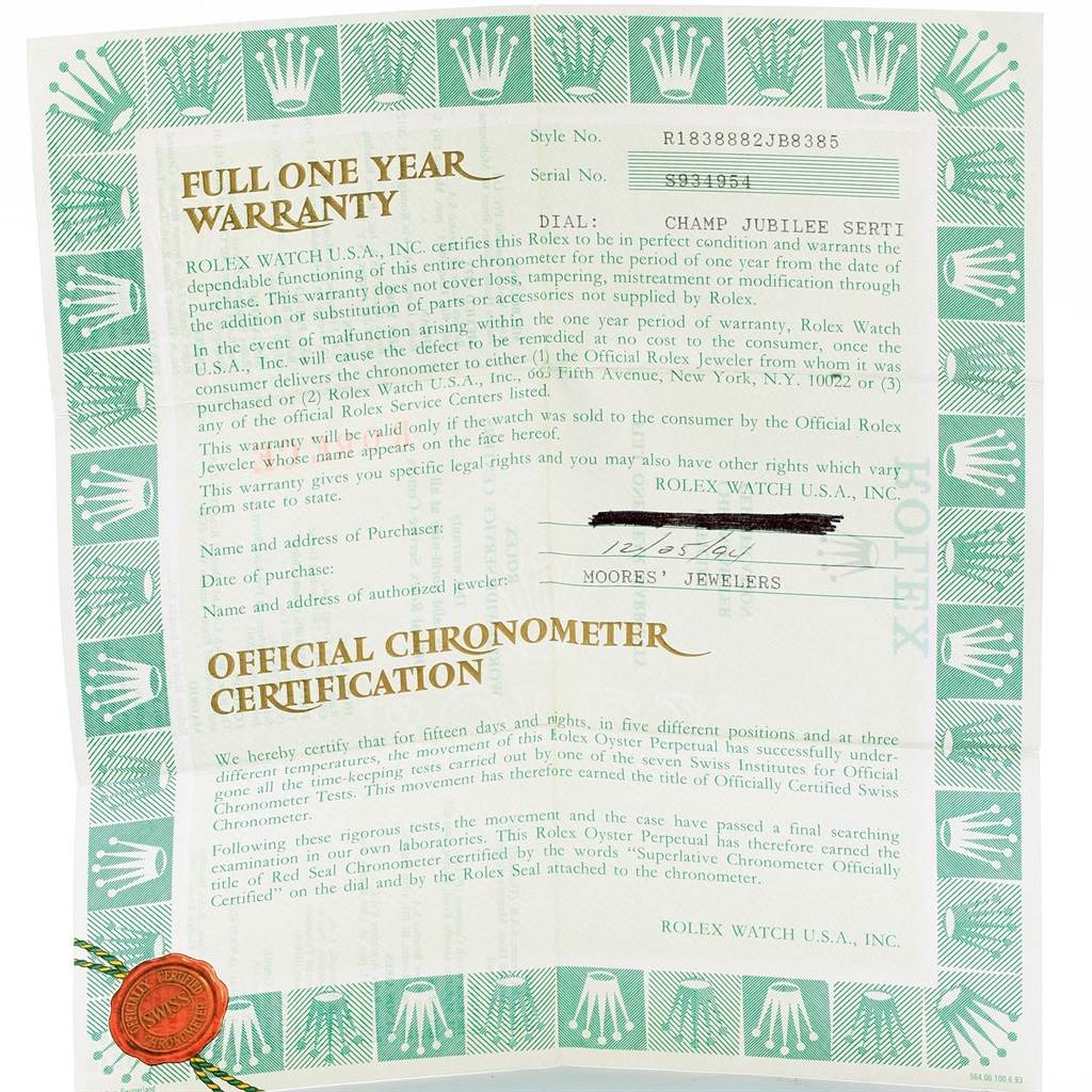 The image shows a warranty card and chronometer certification for a Rolex President 18388 Men
s Yellow Gold Champagne Dial 18388 Men
s Yellow Gold Champagne Dial model watch.