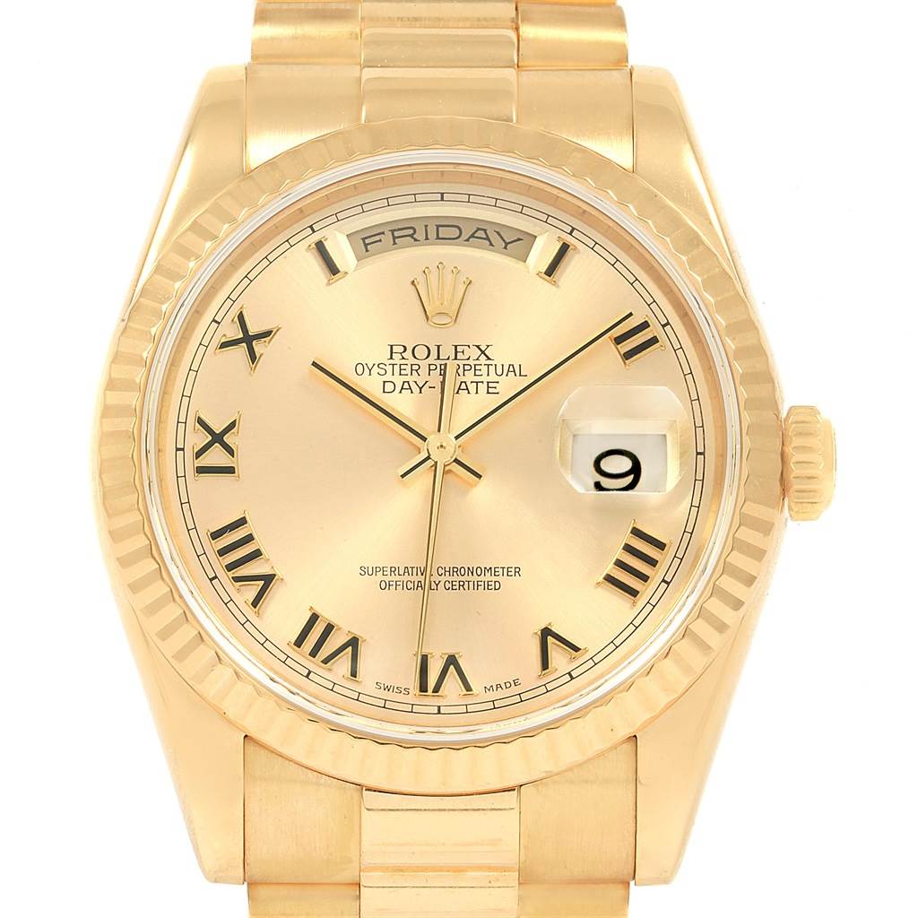 This image shows a front view of the Rolex President 118238 Men
s Yellow Gold Champagne Dial 118238 Men
s Yellow Gold Champagne Dial model watch, displaying the dial, bezel, crown, day, and date features.