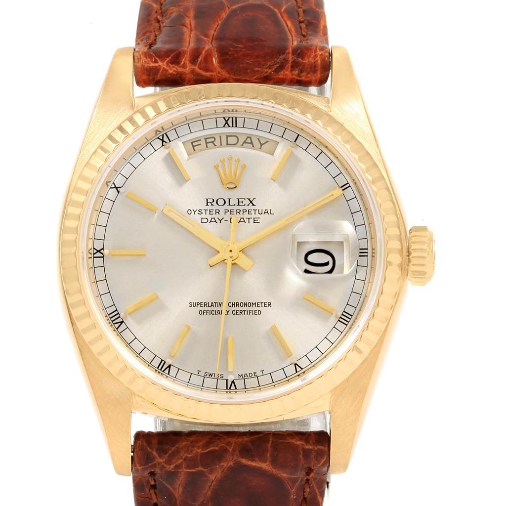 The image shows a frontal view of the Rolex President 18038 Men
s Yellow Gold Champagne Dial 18038 Men
s Yellow Gold Champagne Dial model watch, displaying the dial, bezel, crown, and leather strap.