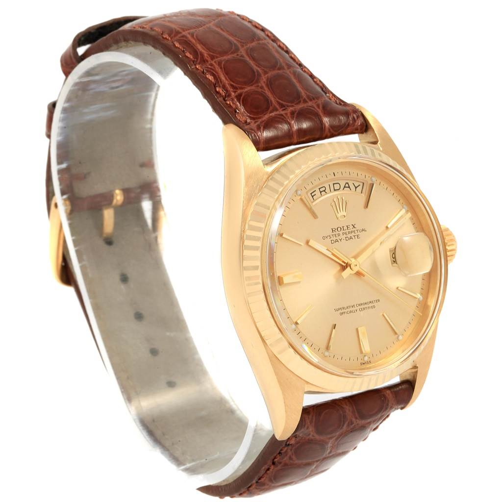 The image shows a side angle view of a Rolex President 1803 Men's Yellow Gold Champagne Dial 1803 Men's Yellow Gold Champagne Dial watch, highlighting the gold bezel, dial, case, and brown leather strap.