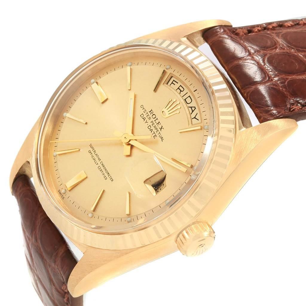 This image shows a Rolex President 1803 Men's Yellow Gold Champagne Dial 1803 Men's Yellow Gold Champagne Dial model watch at an oblique angle, highlighting the dial, bezel, crown, and part of the leather strap.